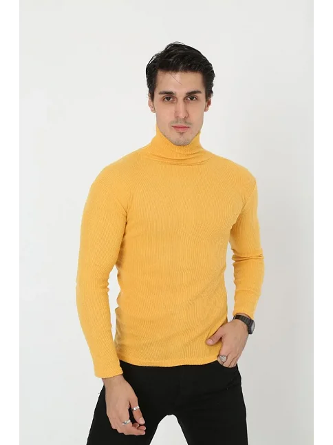 Erkek Fitilli Kaşkorse Kumaş Boğazlı Full Likralı Slimfit Body - Sarı