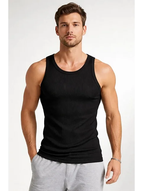 Erkek Fitilli Atlet Sıfır Yaka Slim Fit Arka Baskılı Spor Atlet - Siyah Erkek Fitilli Atlet Sıfır Yaka Slim Fit Arka Baskılı Spor Atlet - Siyah