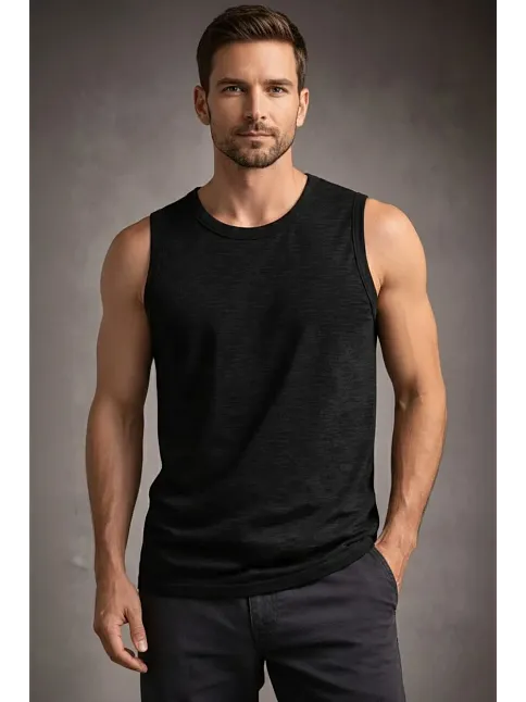Erkek Flamlı Kumaş Kolsuz Atlet Günlük Fitness Spor T-shirt - Siyah