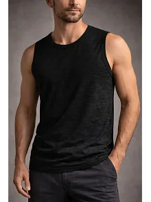 Erkek Flamlı Kumaş Kolsuz Atlet Günlük Fitness Spor T-shirt - Siyah
