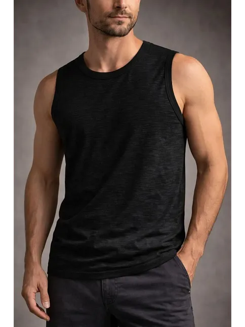 Erkek Flamlı Kumaş Kolsuz Atlet Günlük Fitness Spor T-shirt - Siyah