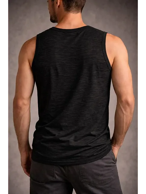 Erkek Flamlı Kumaş Kolsuz Atlet Günlük Fitness Spor T-shirt - Siyah