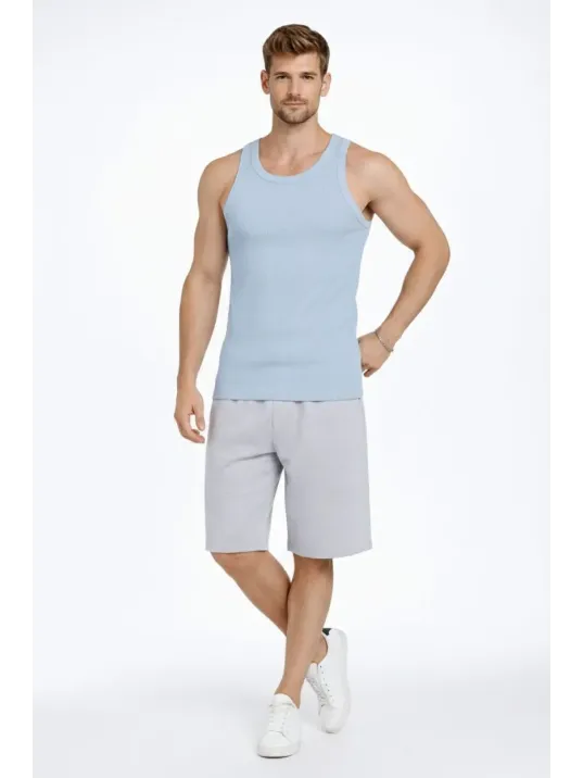 Erkek Spor Fitilli Kaşkorse Arka Basklı Atlet 3'lü Set Beyaz-bebek Mavisi-kahverengi
