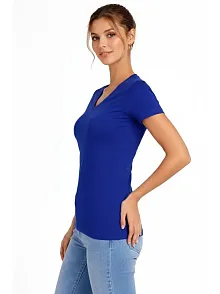 Kadın V Yaka Tişört Kısa Kol Slim Fit T-shirt 3'lü Set Pembe-saks Mavi-ekru