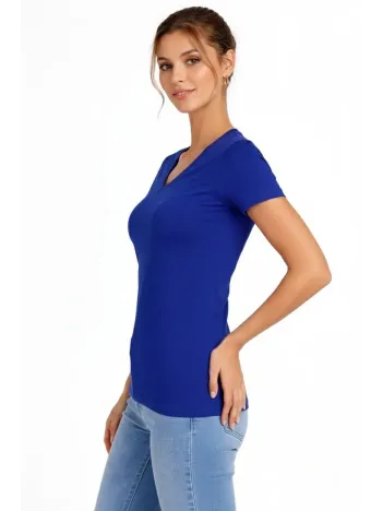 Kadın V Yaka Tişört Kısa Kol Slim Fit T-shirt 3'lü Set Pembe-saks Mavi-ekru