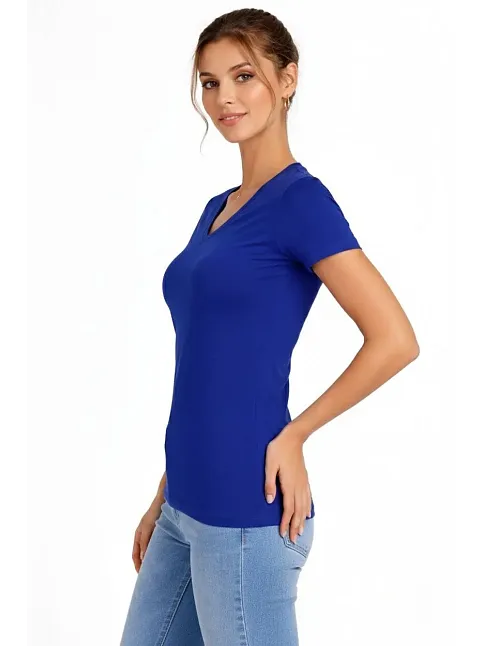 Kadın V Yaka Tişört Kısa Kol Slim Fit T-shirt 3'lü Set Pembe-saks Mavi-ekru