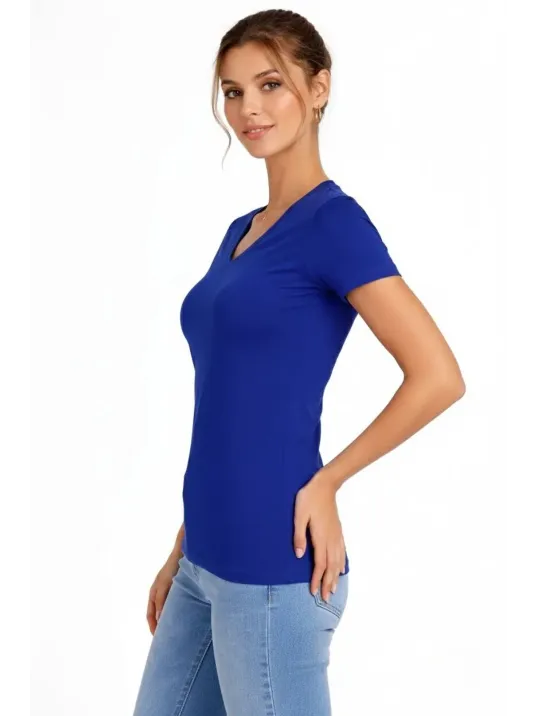 Kadın V Yaka Tişört Kısa Kol Slim Fit T-shirt 3'lü Set Pembe-saks Mavi-ekru Kadın V Yaka Tişört Kısa Kol Slim Fit T-shirt 3'lü Set Pembe-saks Mavi-ekru