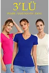 Kadın V Yaka Tişört Kısa Kol Slim Fit T-shirt 3'lü Set Pembe-saks Mavi-ekru