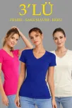 Kadın V Yaka Tişört Kısa Kol Slim Fit T-shirt 3'lü Set Pembe-saks Mavi-ekru Kadın V Yaka Tişört Kısa Kol Slim Fit T-shirt 3'lü Set Pembe-saks Mavi-ekru