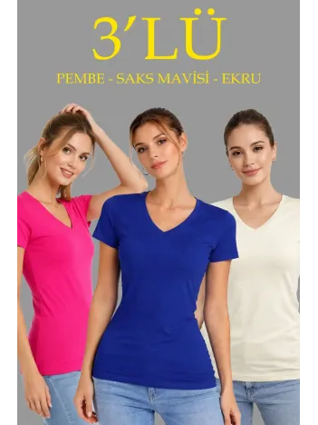 Kadın V Yaka Tişört Kısa Kol Slim Fit T-shirt 3'lü Set Pembe-saks Mavi-ekru