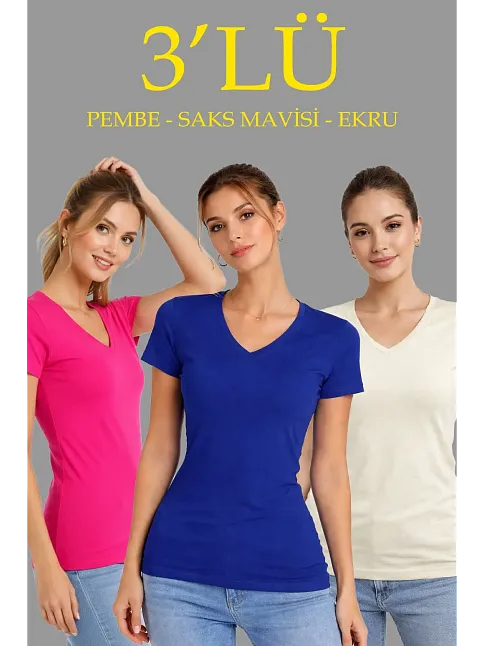 Kadın V Yaka Tişört Kısa Kol Slim Fit T-shirt 3'lü Set Pembe-saks Mavi-ekru