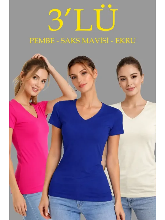 Kadın V Yaka Tişört Kısa Kol Slim Fit T-shirt 3'lü Set Pembe-saks Mavi-ekru Kadın V Yaka Tişört Kısa Kol Slim Fit T-shirt 3'lü Set Pembe-saks Mavi-ekru