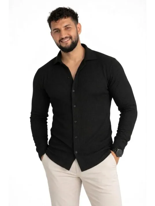 Erkek Waffle Kumaş Uzun Kollu Düğmeli Açık Yaka Regular Fit Gömlek - Siyah