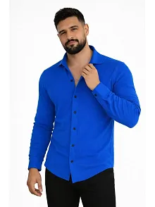 Erkek Waffle Kumaş Uzun Kollu Düğmeli Açık Yaka Regular Fit Gömlek - Saks Mavisi