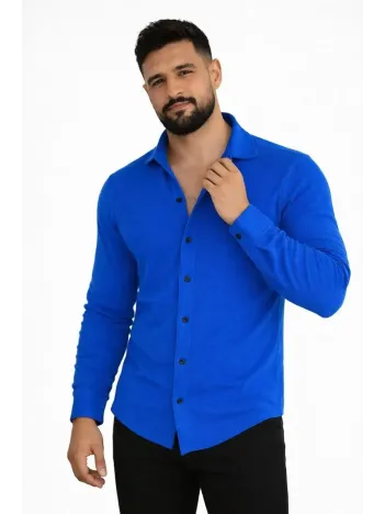 Erkek Waffle Kumaş Uzun Kollu Düğmeli Açık Yaka Regular Fit Gömlek - Saks Mavisi