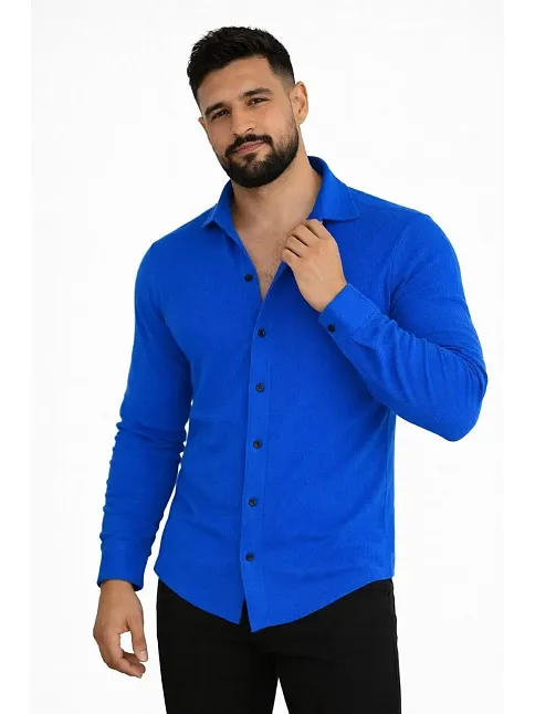 Erkek Waffle Kumaş Uzun Kollu Düğmeli Açık Yaka Regular Fit Gömlek - Saks Mavisi