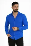 Erkek Waffle Kumaş Uzun Kollu Düğmeli Açık Yaka Regular Fit Gömlek - Saks Mavisi