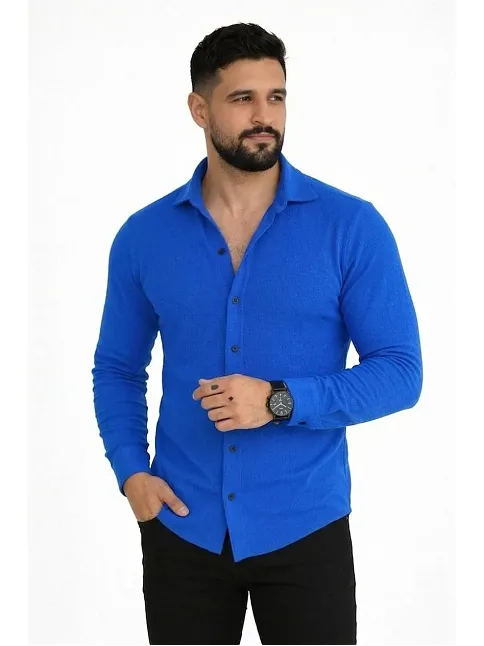Erkek Waffle Kumaş Uzun Kollu Düğmeli Açık Yaka Regular Fit Gömlek - Saks Mavisi