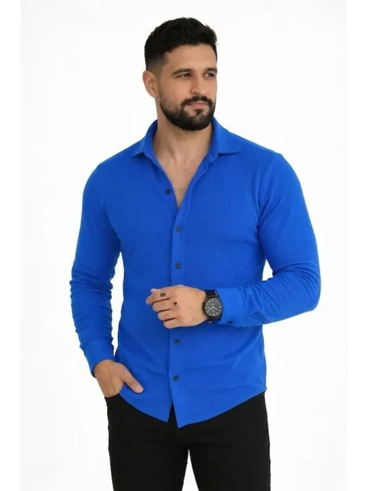 Erkek Waffle Kumaş Uzun Kollu Düğmeli Açık Yaka Regular Fit Gömlek - Saks Mavisi