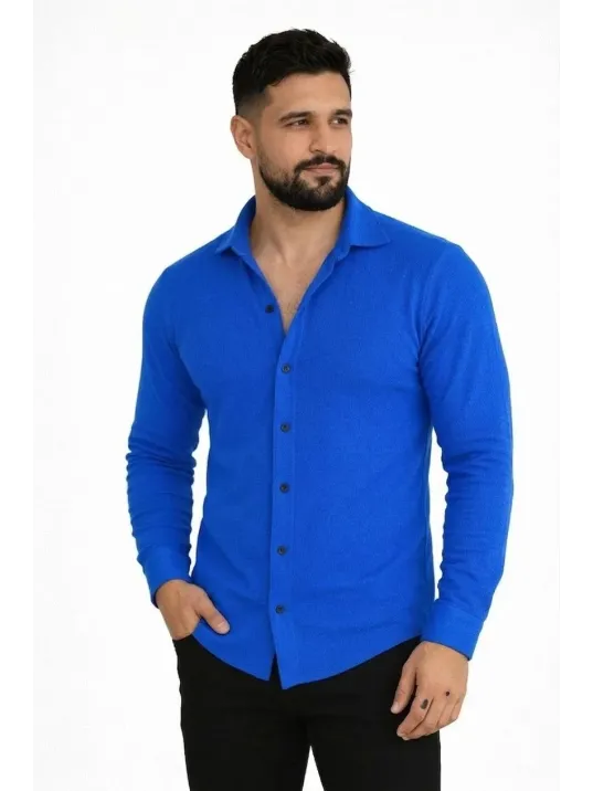 Erkek Waffle Kumaş Uzun Kollu Düğmeli Açık Yaka Regular Fit Gömlek - Saks Mavisi