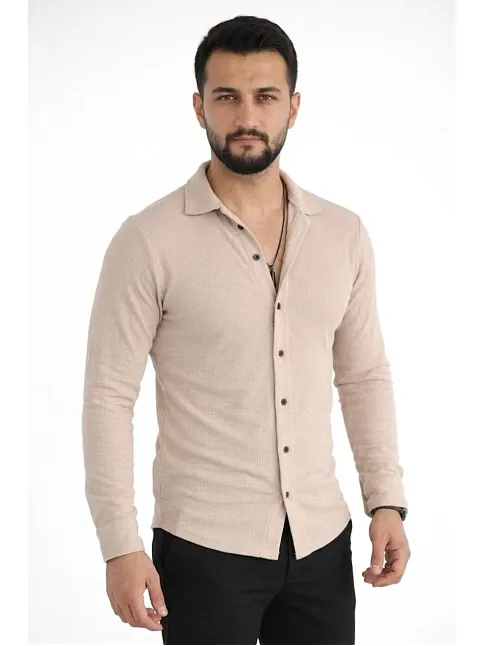Erkek Waffle Kumaş Uzun Kollu Düğmeli Açık Yaka Regular Fit Gömlek - Bej
