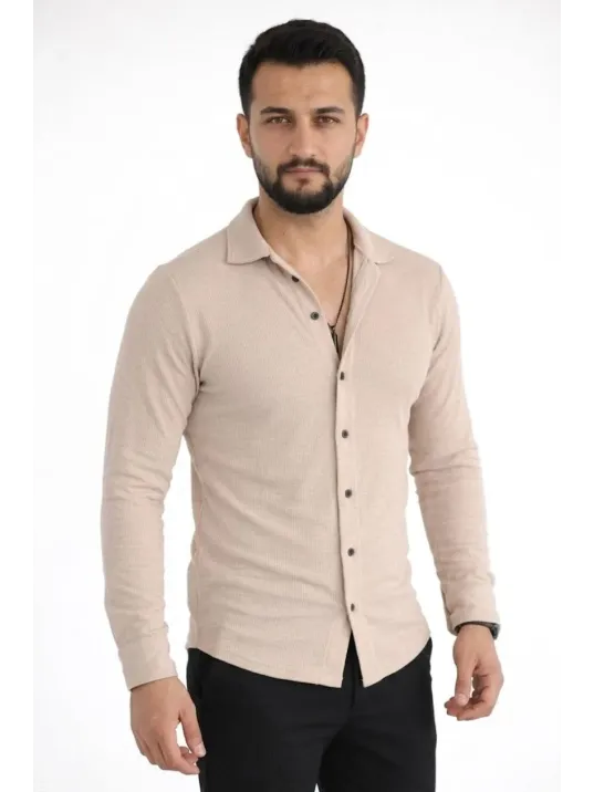 Erkek Waffle Kumaş Uzun Kollu Düğmeli Açık Yaka Regular Fit Gömlek - Bej