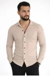 Erkek Waffle Kumaş Uzun Kollu Düğmeli Açık Yaka Regular Fit Gömlek - Bej