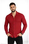 Erkek Waffle Kumaş Uzun Kollu Düğmeli Açık Yaka Regular Fit Gömlek - Kırmızı