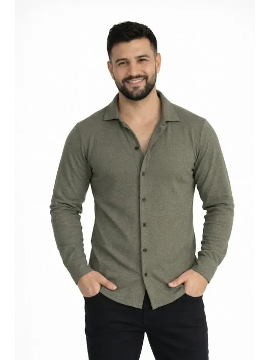 Erkek Waffle Kumaş Uzun Kollu Düğmeli Açık Yaka Regular Fit Gömlek - Haki