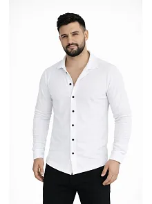 Erkek Waffle Kumaş Uzun Kollu Düğmeli Açık Yaka Regular Fit Gömlek - Beyaz