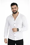 Erkek Waffle Kumaş Uzun Kollu Düğmeli Açık Yaka Regular Fit Gömlek - Beyaz