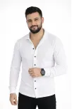 Erkek Waffle Kumaş Uzun Kollu Düğmeli Açık Yaka Regular Fit Gömlek - Beyaz