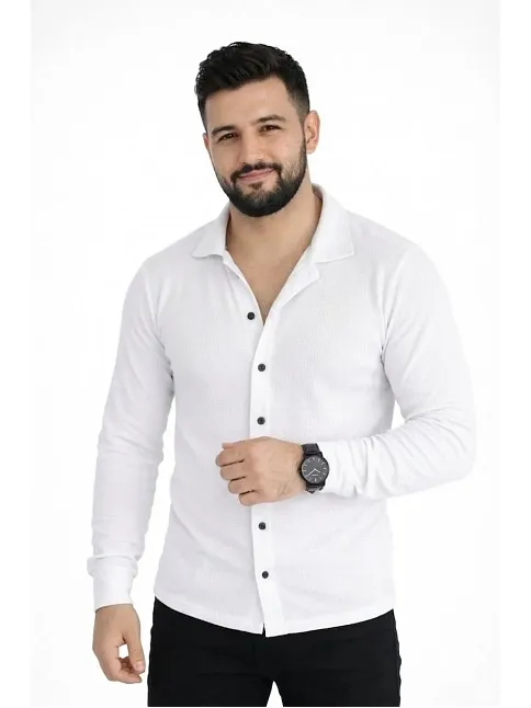 Erkek Waffle Kumaş Uzun Kollu Düğmeli Açık Yaka Regular Fit Gömlek - Beyaz