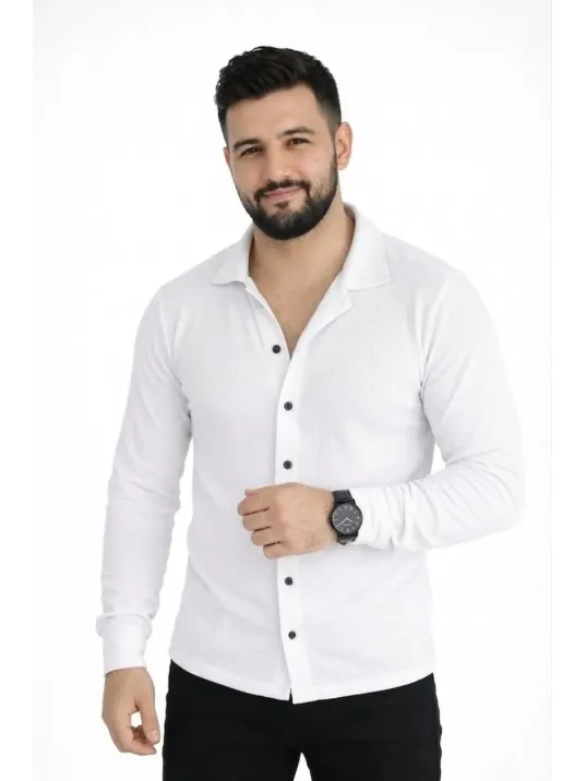 Erkek Waffle Kumaş Uzun Kollu Düğmeli Açık Yaka Regular Fit Gömlek - Beyaz