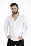 Erkek Waffle Kumaş Uzun Kollu Düğmeli Açık Yaka Regular Fit Gömlek - Beyaz