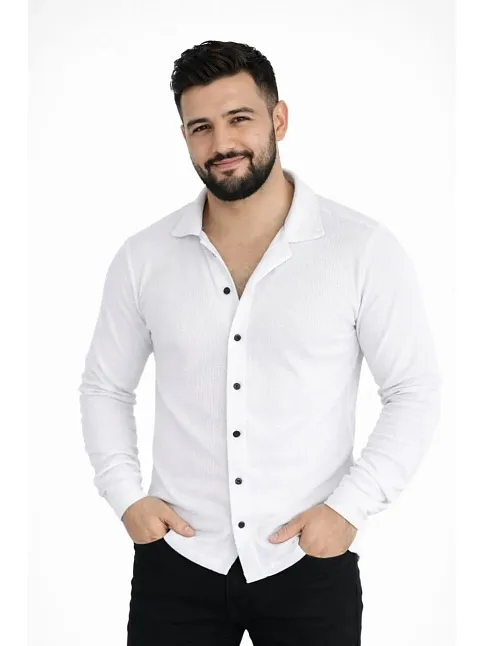 Erkek Waffle Kumaş Uzun Kollu Düğmeli Açık Yaka Regular Fit Gömlek - Beyaz