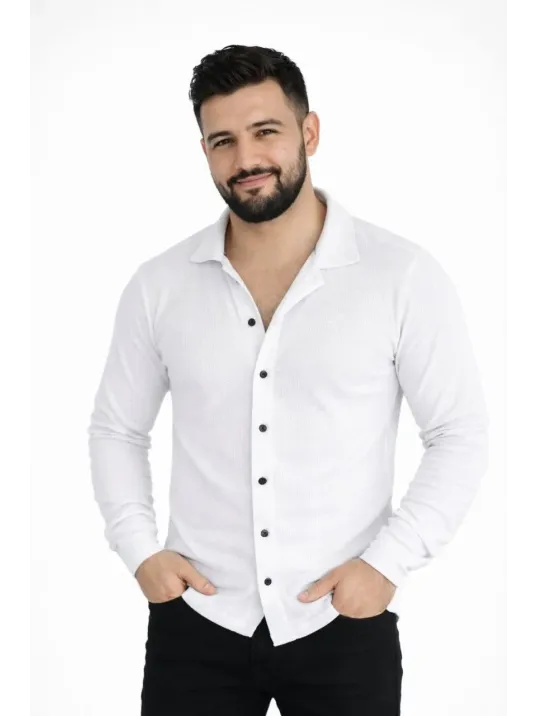 Erkek Waffle Kumaş Uzun Kollu Düğmeli Açık Yaka Regular Fit Gömlek - Beyaz