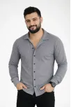 Erkek Waffle Kumaş Uzun Kollu Düğmeli Açık Yaka Regular Fit Gömlek - Füme