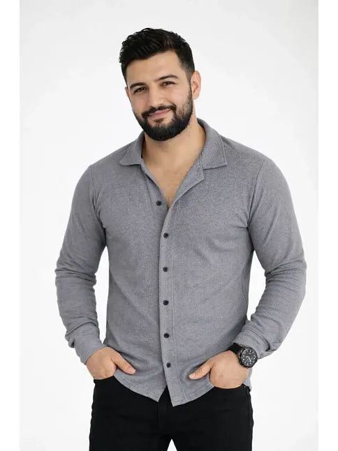 Erkek Waffle Kumaş Uzun Kollu Düğmeli Açık Yaka Regular Fit Gömlek - Füme