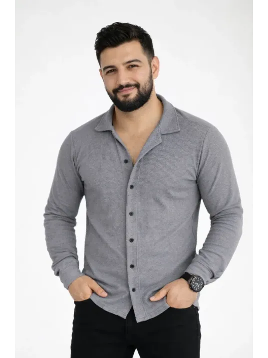 Erkek Waffle Kumaş Uzun Kollu Düğmeli Açık Yaka Regular Fit Gömlek - Füme