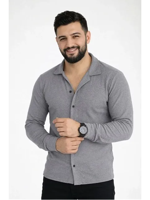 Erkek Waffle Kumaş Uzun Kollu Düğmeli Açık Yaka Regular Fit Gömlek - Füme