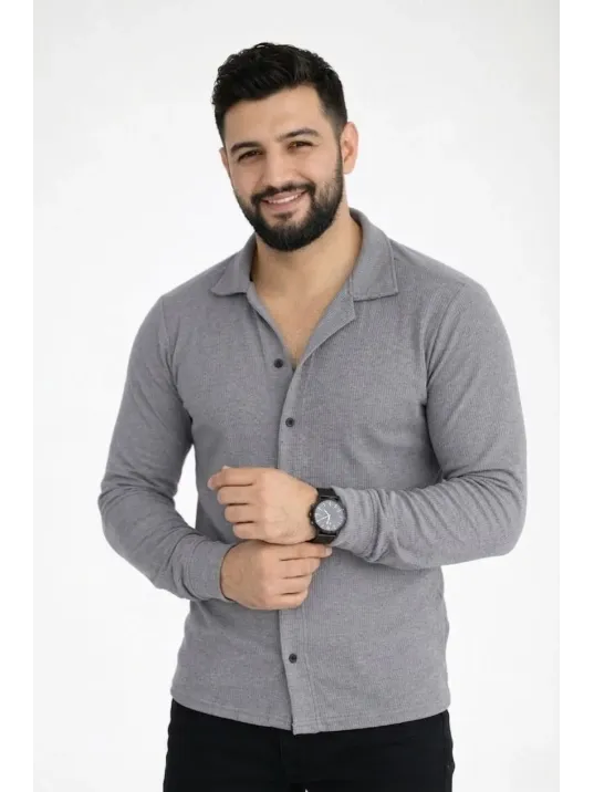 Erkek Waffle Kumaş Uzun Kollu Düğmeli Açık Yaka Regular Fit Gömlek - Füme