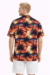 Erkek Gün Batımı Palmiye Desenli Kısa Kol Gömlek Hawaii Tarz Yazlık Rahat Kalıp - Desenli