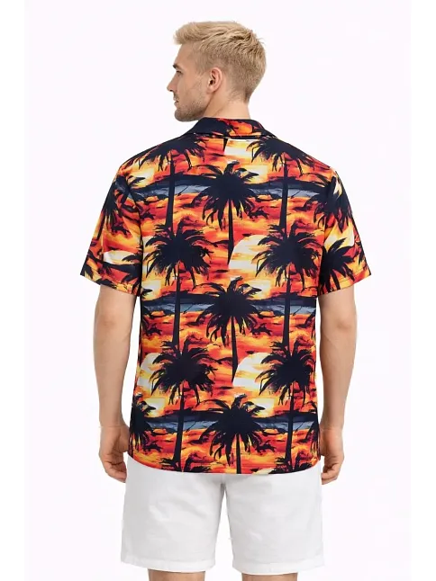 Erkek Gün Batımı Palmiye Desenli Kısa Kol Gömlek Hawaii Tarz Yazlık Rahat Kalıp - Desenli