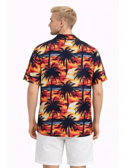 Erkek Gün Batımı Palmiye Desenli Kısa Kol Gömlek Hawaii Tarz Yazlık Rahat Kalıp - Desenli