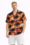 Erkek Gün Batımı Palmiye Desenli Kısa Kol Gömlek Hawaii Tarz Yazlık Rahat Kalıp - Desenli