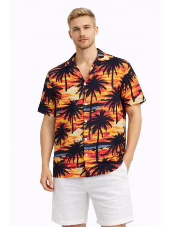 Erkek Gün Batımı Palmiye Desenli Kısa Kol Gömlek Hawaii Tarz Yazlık Rahat Kalıp - Desenli Erkek Gün Batımı Palmiye Desenli Kısa Kol Gömlek Hawaii Tarz Yazlık Rahat Kalıp - Desenli