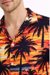 Erkek Gün Batımı Palmiye Desenli Kısa Kol Gömlek Hawaii Tarz Yazlık Rahat Kalıp - Desenli