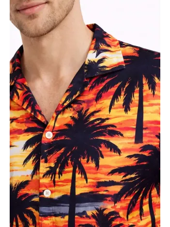 Erkek Gün Batımı Palmiye Desenli Kısa Kol Gömlek Hawaii Tarz Yazlık Rahat Kalıp - Desenli