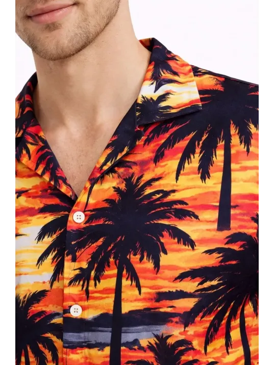 Erkek Gün Batımı Palmiye Desenli Kısa Kol Gömlek Hawaii Tarz Yazlık Rahat Kalıp - Desenli
